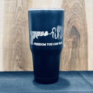 Black coffee mug with Pew Fumes logo