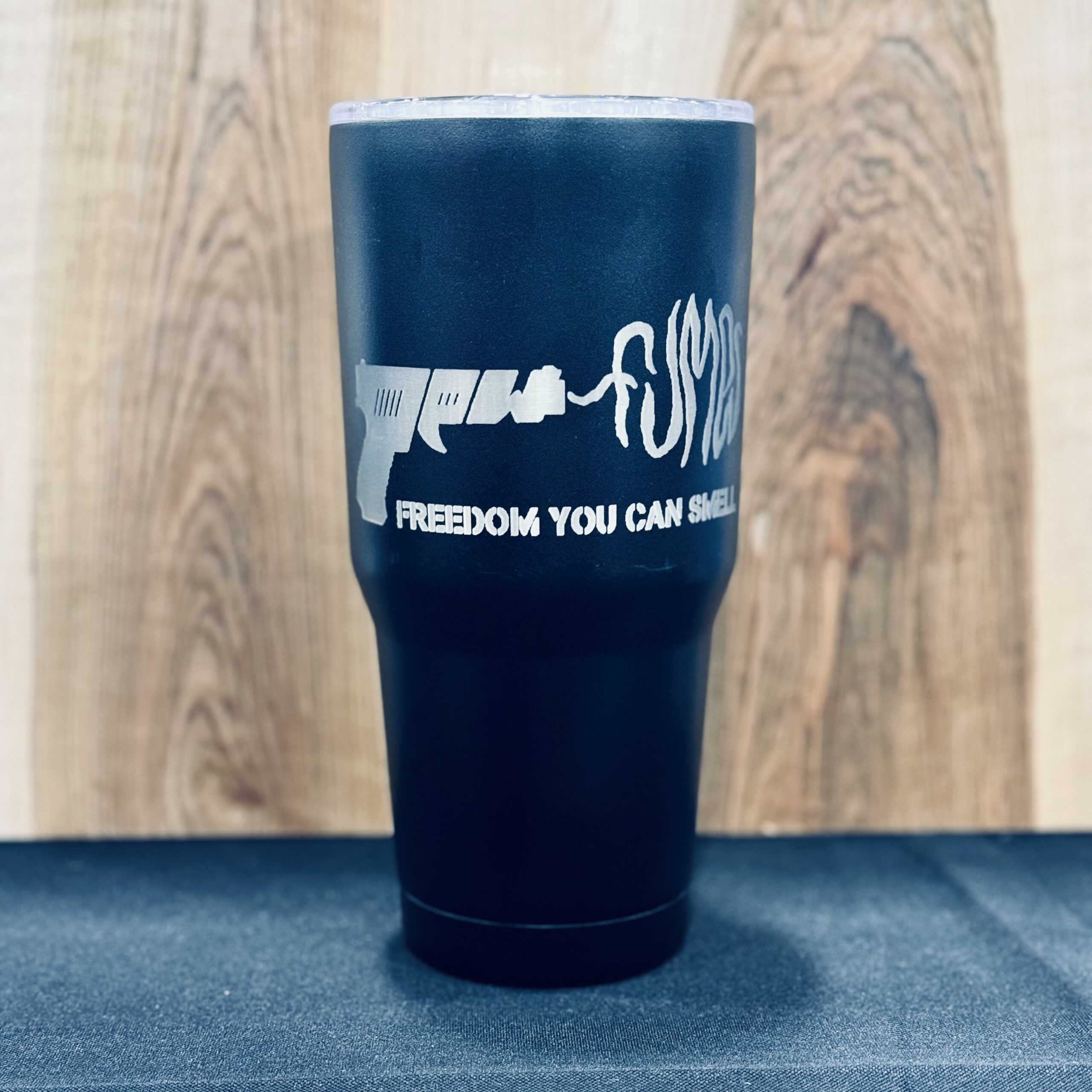 Black coffee mug with Pew Fumes logo